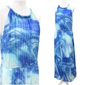 NWT Chicos Flowy Chiffon Maxi Dress Pleated Halter Blue Coastal Medium Wedding